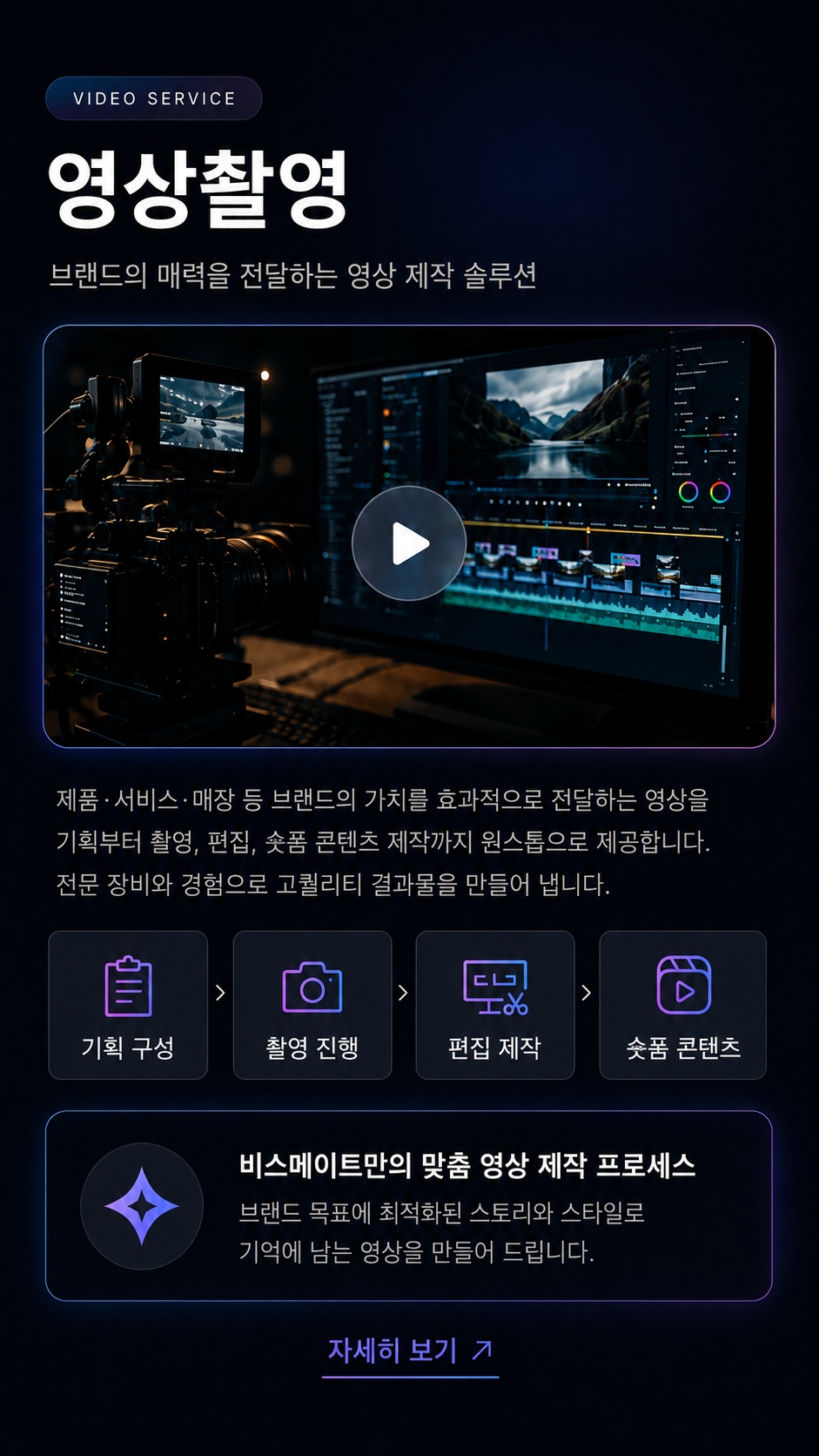 영상촬영 — 브랜드의 매력을 전달하는 영상 제작 솔루션 (기획 구성·촬영 진행·편집 제작·숏폼 콘텐츠)